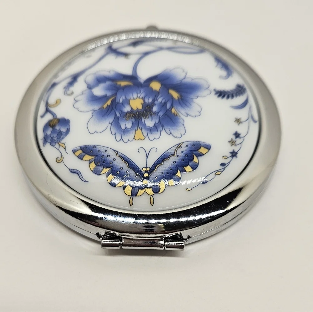 Flower Butterfly Compact Mirror Genuine Porcelain Blue White Make Up